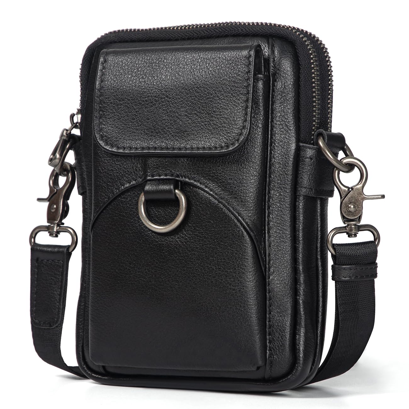 Augus Genuine Leather Small Crossbody Bag Cell Phone Messenger Purse Shoulder Handbag for Daily Use for Women and Men (Black-1)