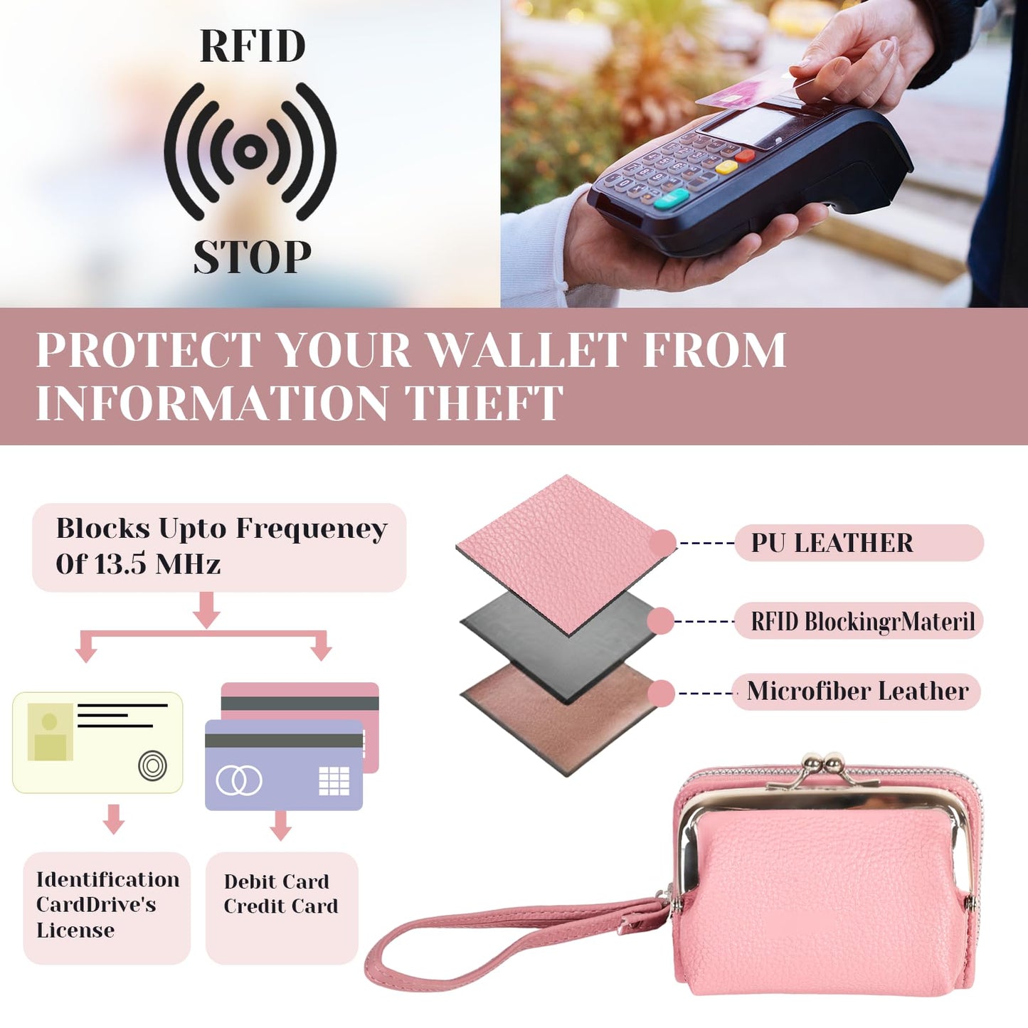 Women's RFID Blocking Wristlet Wallet - 2-in-1 Zip-Around with Coin Purse & Card Slots - Vegan Leather with Secure Clasp (Gift Ready)(Pink)