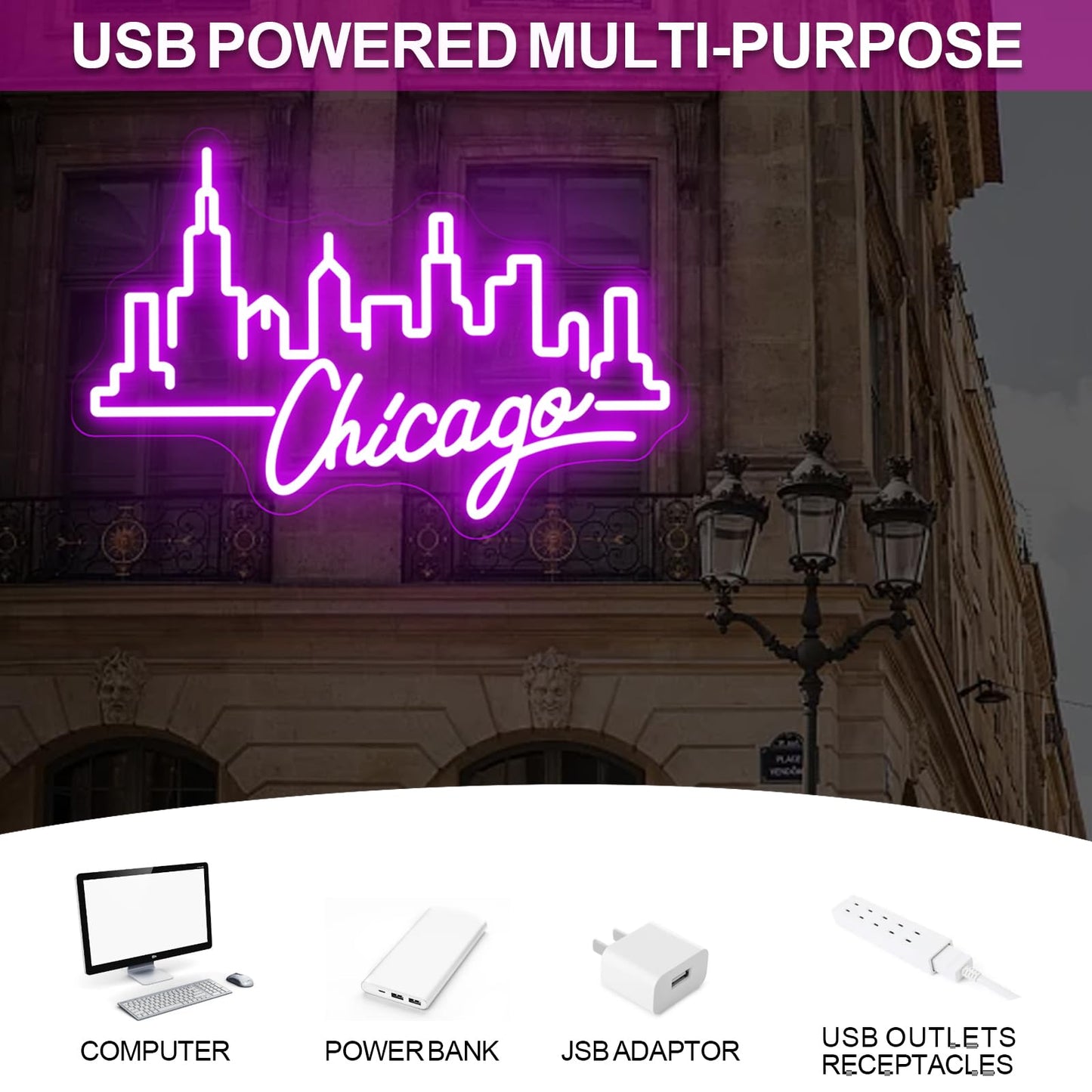 City Light Chicago Neon Sign, Skyline Neon Light, Home Wall Office Decor, Chicago City Led Sign, City Sign for Christmas Birthday Gifts Women Gift Bar Pub Store Club Garage Home Party-Purple-17.3"