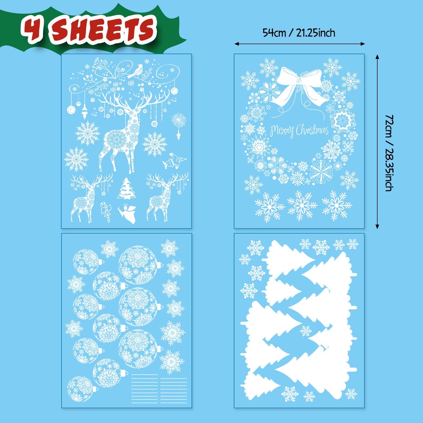 Super Huge Christmas Window Clings Static Snowflake Decorations, Reindeer Xmas Decor Winter Wonderland Decorations Window Stickers Decals for Indoor Holiday Party Decoration (4 Sheets)