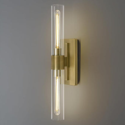 Brass Bathroom Vanity Light, 2-Light Bathroom Wall Sconce Over Mirror, 22.8" Gold Vanity Light for Bathroom, Dimmable Vanity Sconce with Glass Tube, Bathroom Linear Sconce for vertical and horizontal