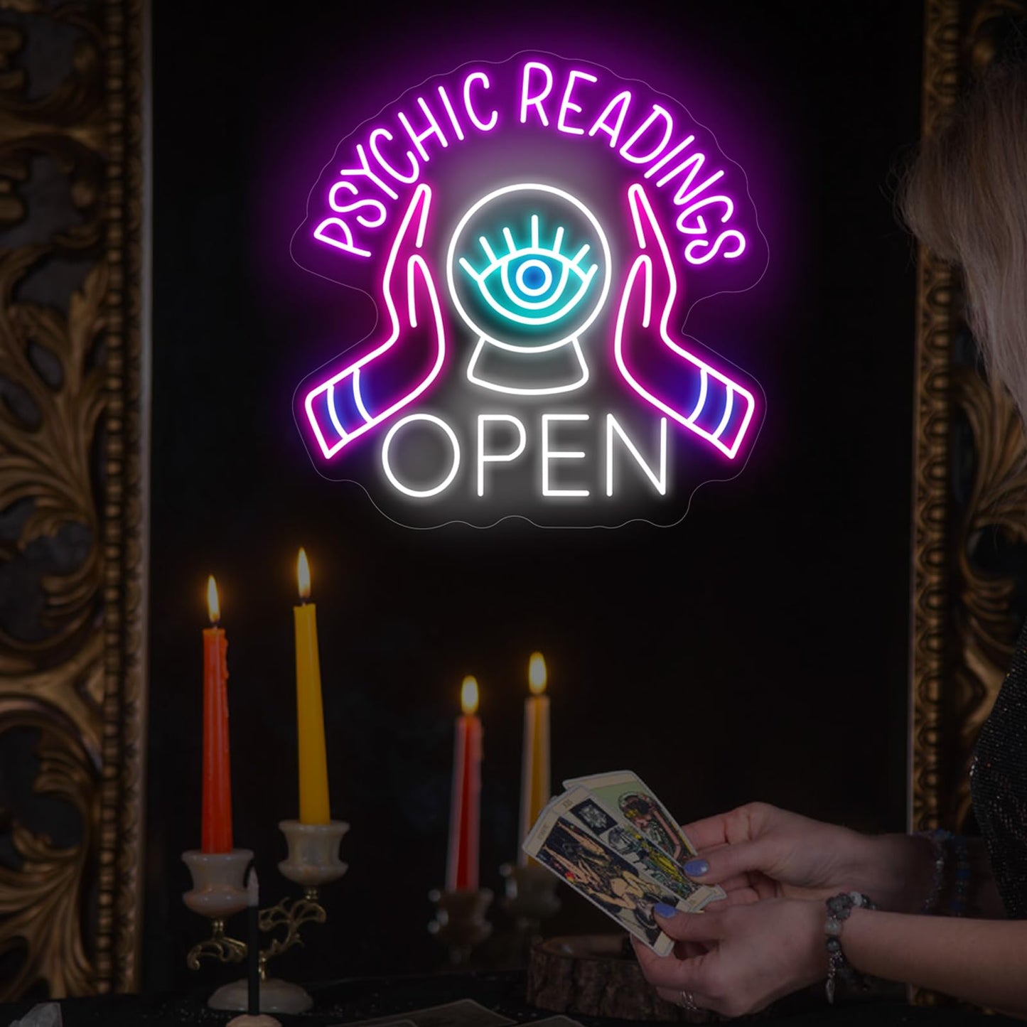 Psychic Readings Open Neon Sign, Palm Reader Wall Light, Home Wall Decor, Yoga Led Sign, Exercise Room Wall Decor, Pilates Studio Art Meditation Room Wall Art Psychic Chakras Healing Exercise