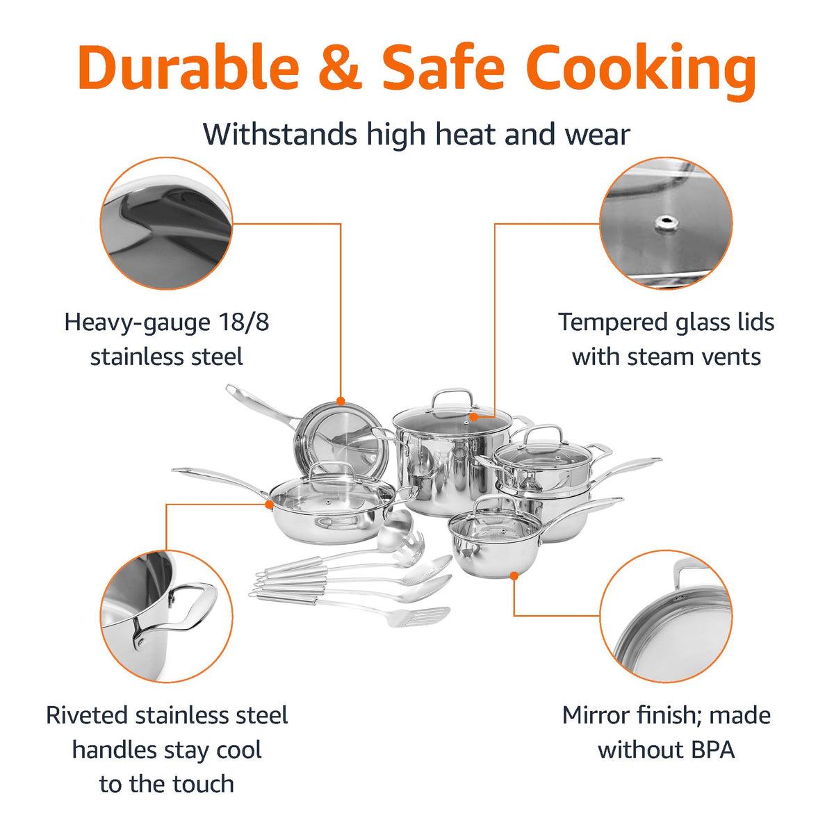 Amazon Basics Stainless Steel Cookware 15-Piece Set, Oven Safe, Pots and Pans, Induction-Ready, Even Heating, Easy to Clean, Heavy Duty, Silver