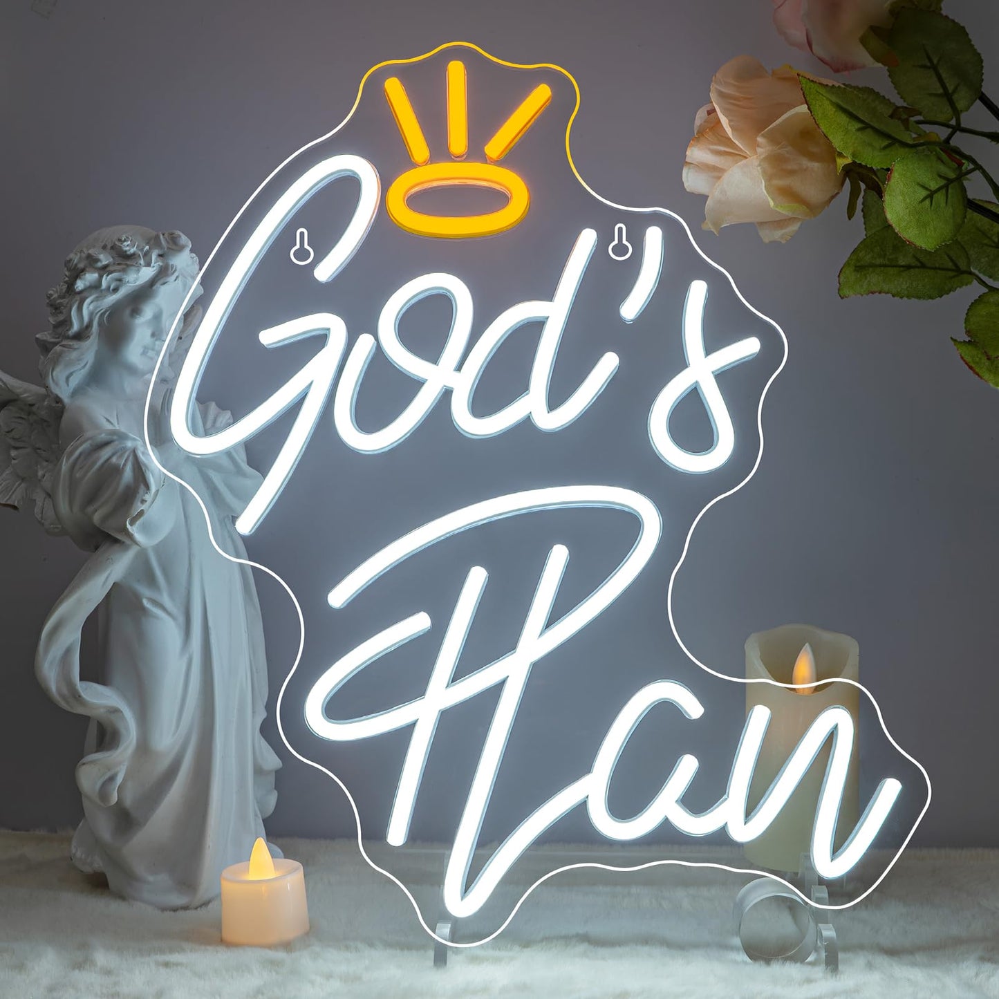 Horseneon God's Plan Neon Led Sign, God Neons Sign for Wall Decor, White Letter Neon Lights Signs with USB Powered for Bedroom, Living room, Wall Art Decoration
