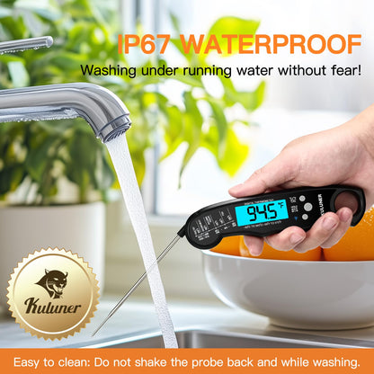 KULUNER TP-01 Waterproof Digital Instant Read Meat Thermometer with 4.6 Folding Probe Backlight Calibration Function for Cooking Food Candy, BBQ Grill, Liquids,Beef(Black)