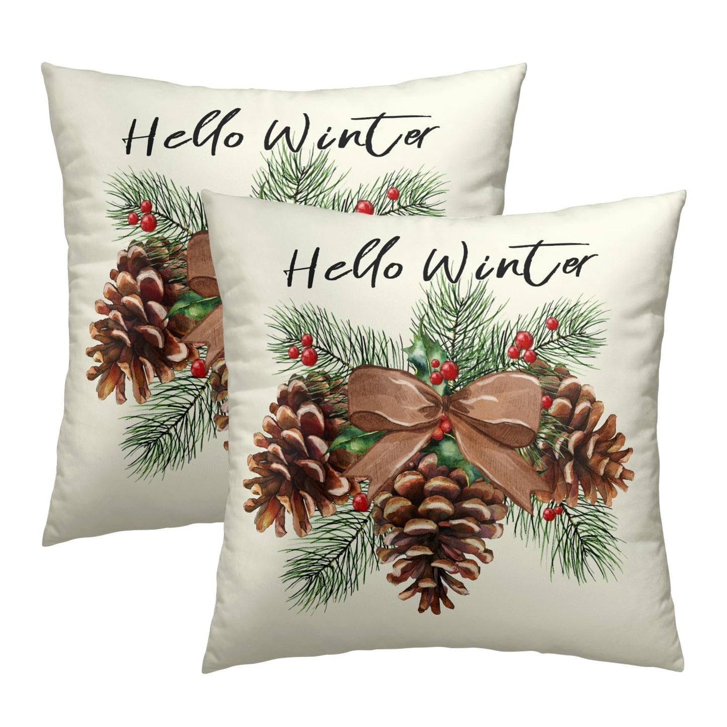 Winter Pinecone Pillowcase Set of 2 Pine Cone and Leaf Decor Throw Pillows Square 18x18 Inch Xmas Merry Christmas Holiday Winter Pillow Cushion Covers for Home Living Room Bed Sofa Outdoor Couch