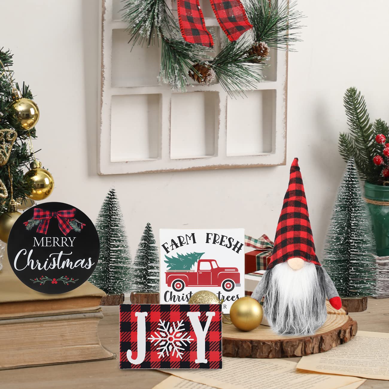 Christmas Tiered Tray Décor Set of 7, Merry Christmas Farm Fresh Truck, Joy Wood Sign Buffalo Plaid Gnome Plush and Trees, Farmhouse Table Home Party Shelf Fireplace Mantel Decor