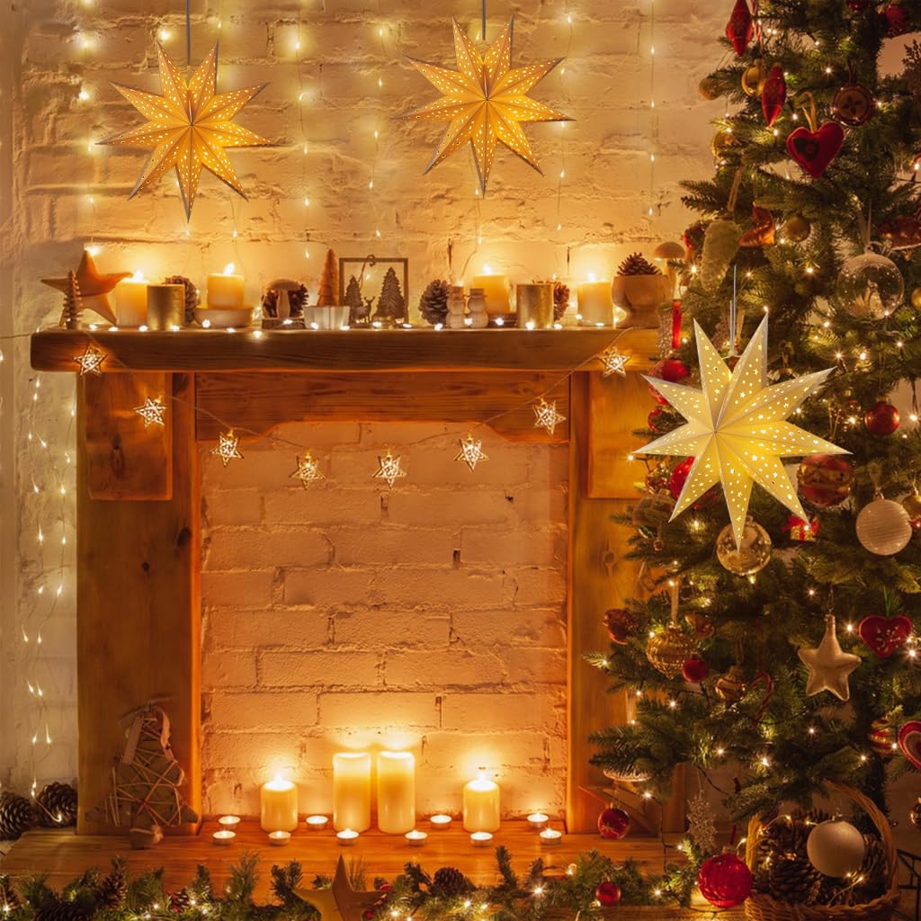 OSALADI 3Pcs Paper Star Lantern Lampshade 9 Pointed Star Hanging Decorations for Christmas New Year Wedding Party Holiday Birthday, 13.78 x 13.78 x 5.12 Inch