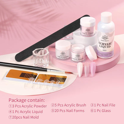 BORN PRETTY Acrylic Nail Kit - Acrylic Powder (Clear, White, Pink) & Liquid Set with Nail Forms, Brush Pen, File & Glass Container - Beginner Friendly