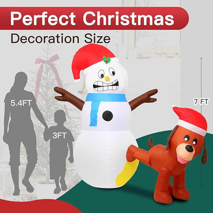 7FT Christmas Inflatables Decorations Outdoor，Blow Up Christmas Snowman and Dog with Built-in LEDs Lights for Indoor Holiday Party Yard Garden Lawn Décor