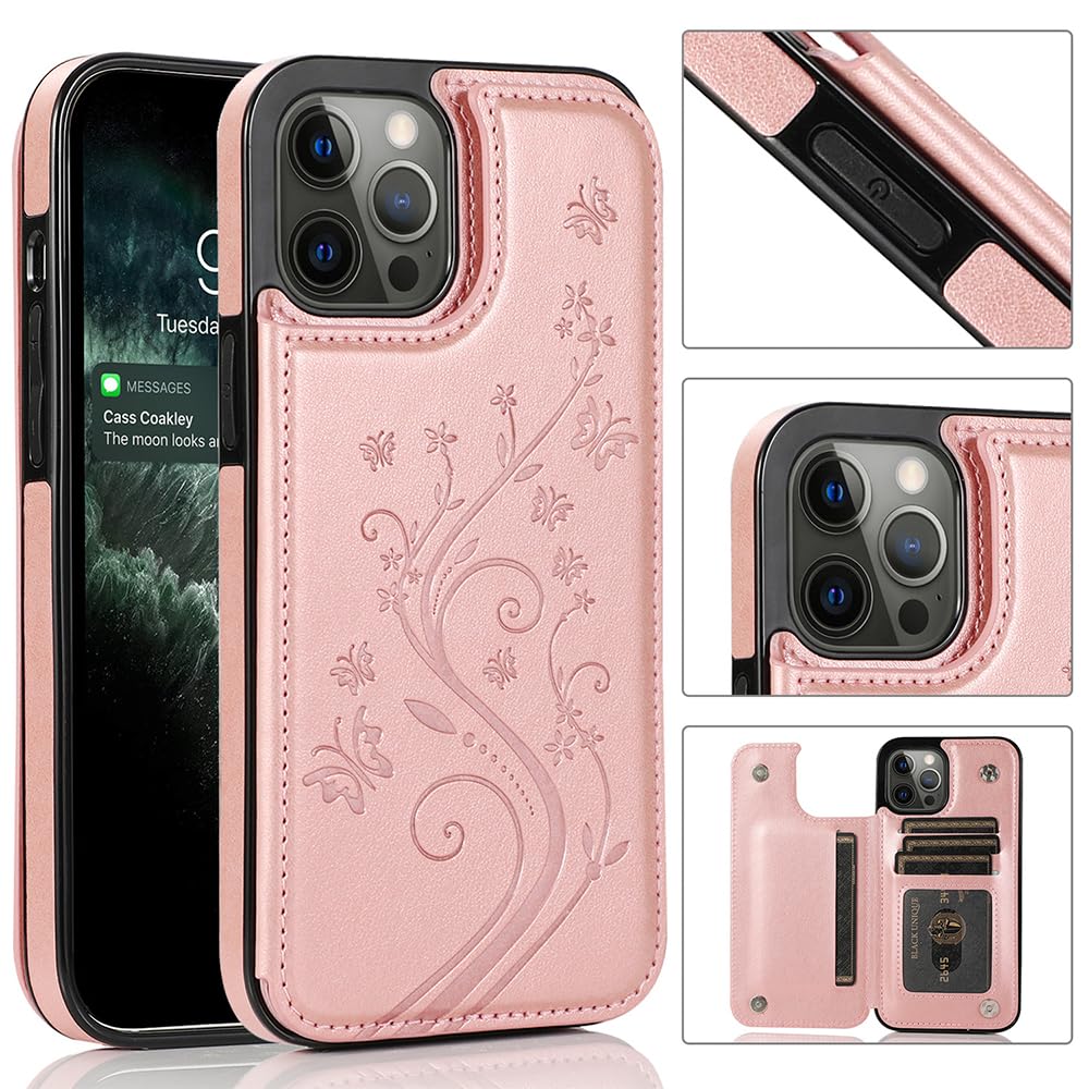 YAOZOCASE for iPhone Case,Retro Slim PU Leather Flower Butterfly Pattern Wallet,Card Holder Slots Full Body Military Grade Protection Soft Shockproof Phone Case (Brown,iPhone 15)