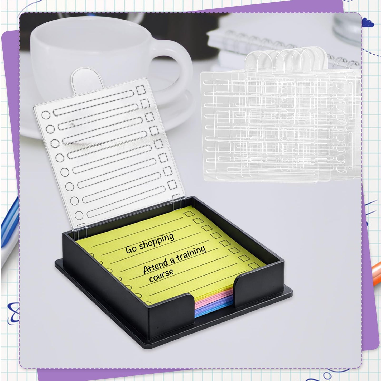 BESARME Sticky Note Holder 3x3 Sticky Note Stencil with 7 Template, Sticky Note Stencil and Holder Note Dispenser for Desk Home Office