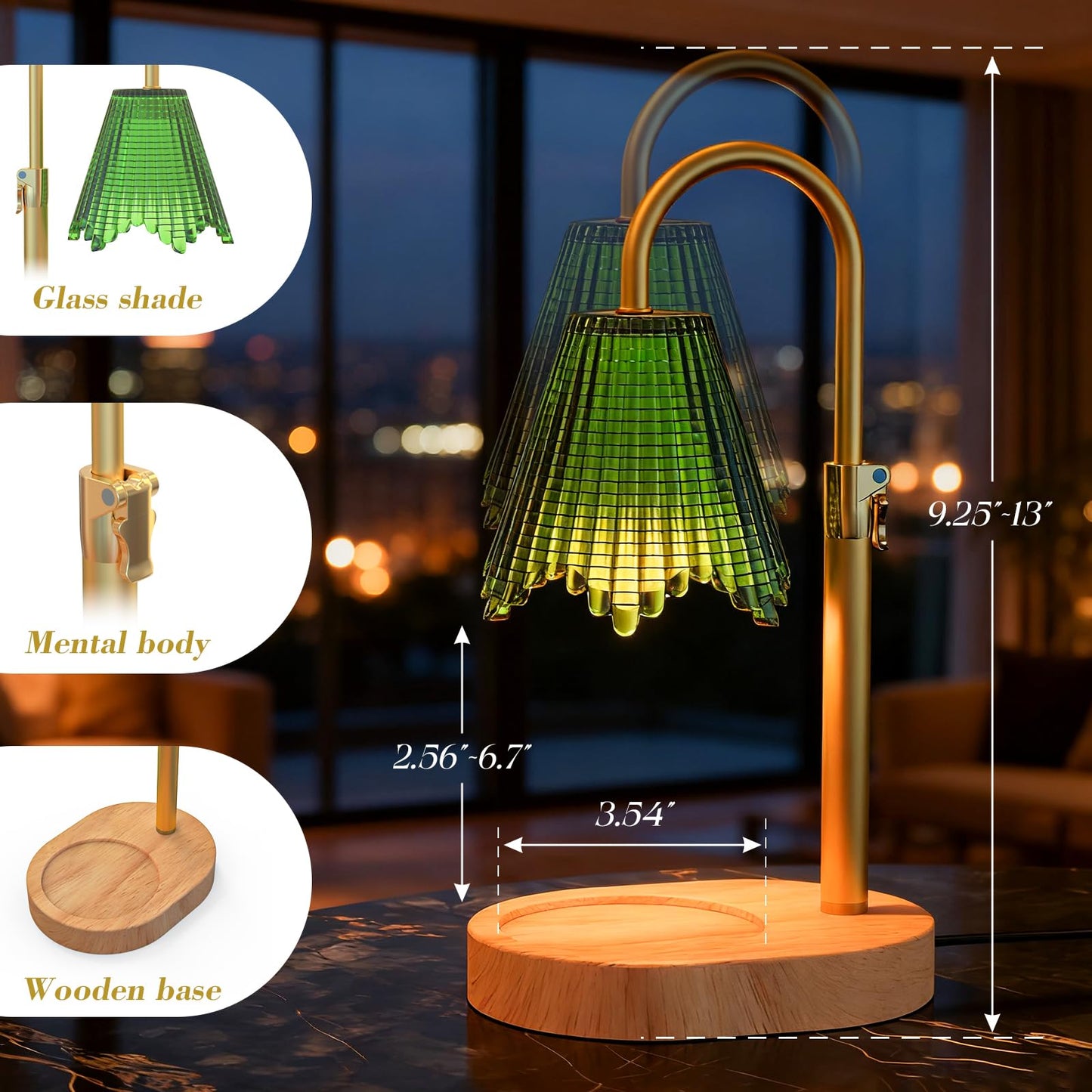 WYghyronic Candle Warmer Lamp with Adjustable Height - Flameless 4-Level Dimmable Wax Warmer with Colorful Glass Shade & Wooden Base, Timer Function & Stylish Design in Multiple Colors (Green 2)