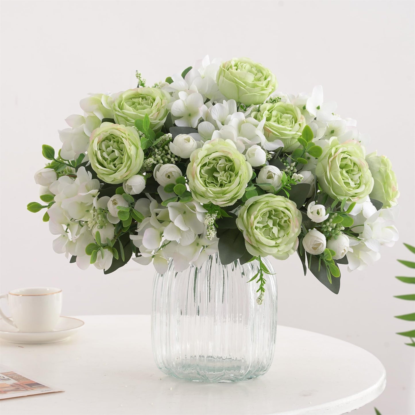 karoro 4 Bunches Peonies Artificial Flowers, Silk Peonies Flowers Fake Bouquet Faux Floral Arrangements for Centerpiece Table Wedding Party Home Decor (4, Green White)