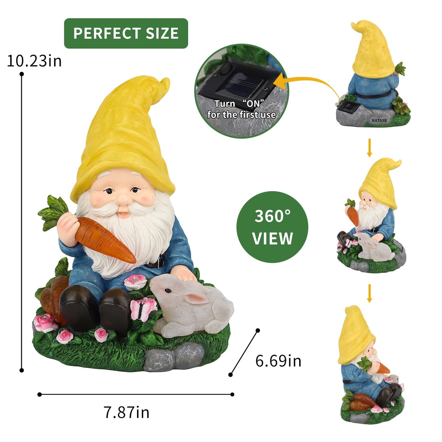NATASE Solar Garden Outdoor Statues Gnome Feeding Rabbit with 6 LED Lawn Decor Outside Decorations for Patio, Balcony, Yard Ornament Unique Garden Gift