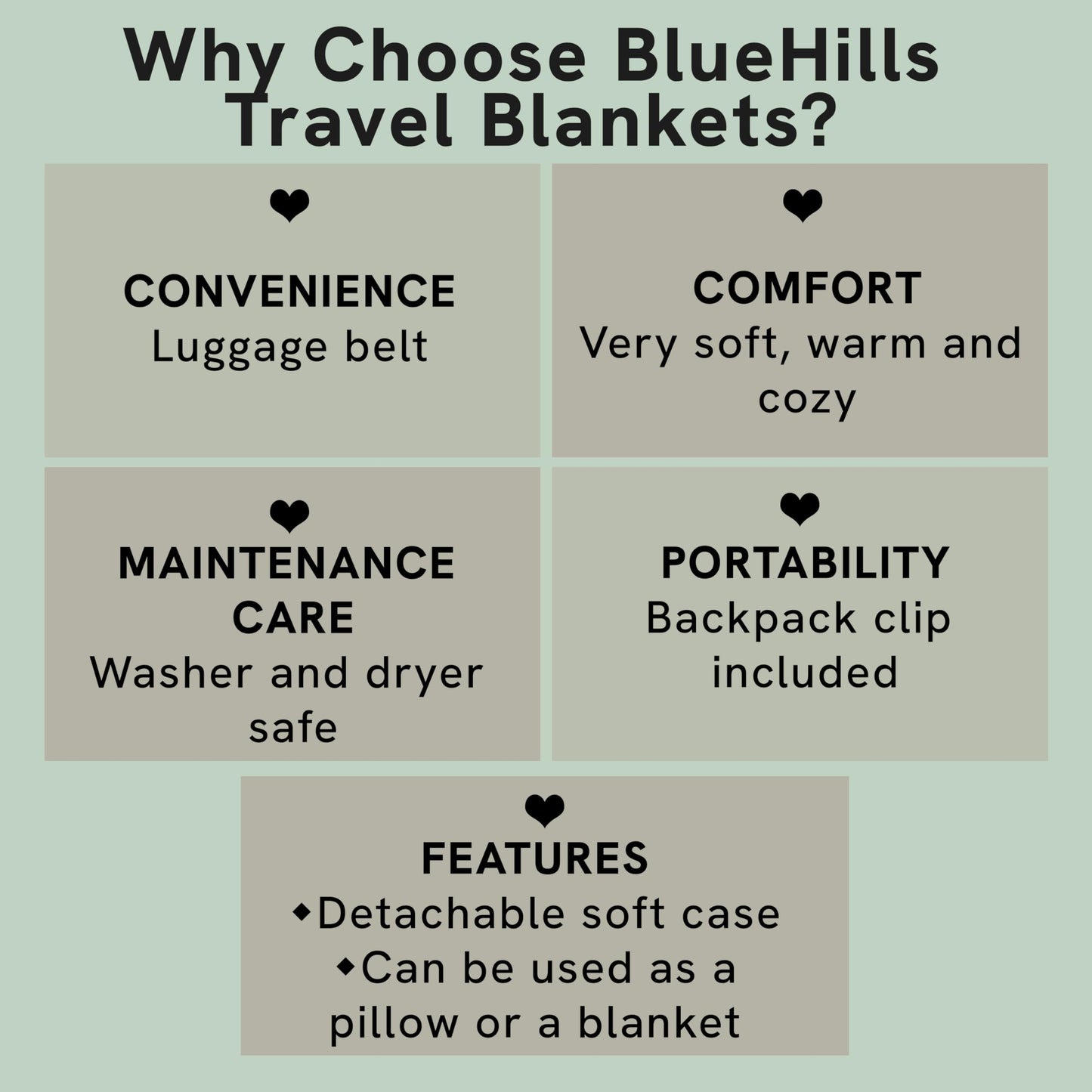 BlueHills Travel Blanket Pillow in Mini Soft Packable Case Premium Plush Airplane Blanket in Portable Compact Pack with Luggage Belt and Carabiner Long Flight Throw Essentials Lightweight- Black M05