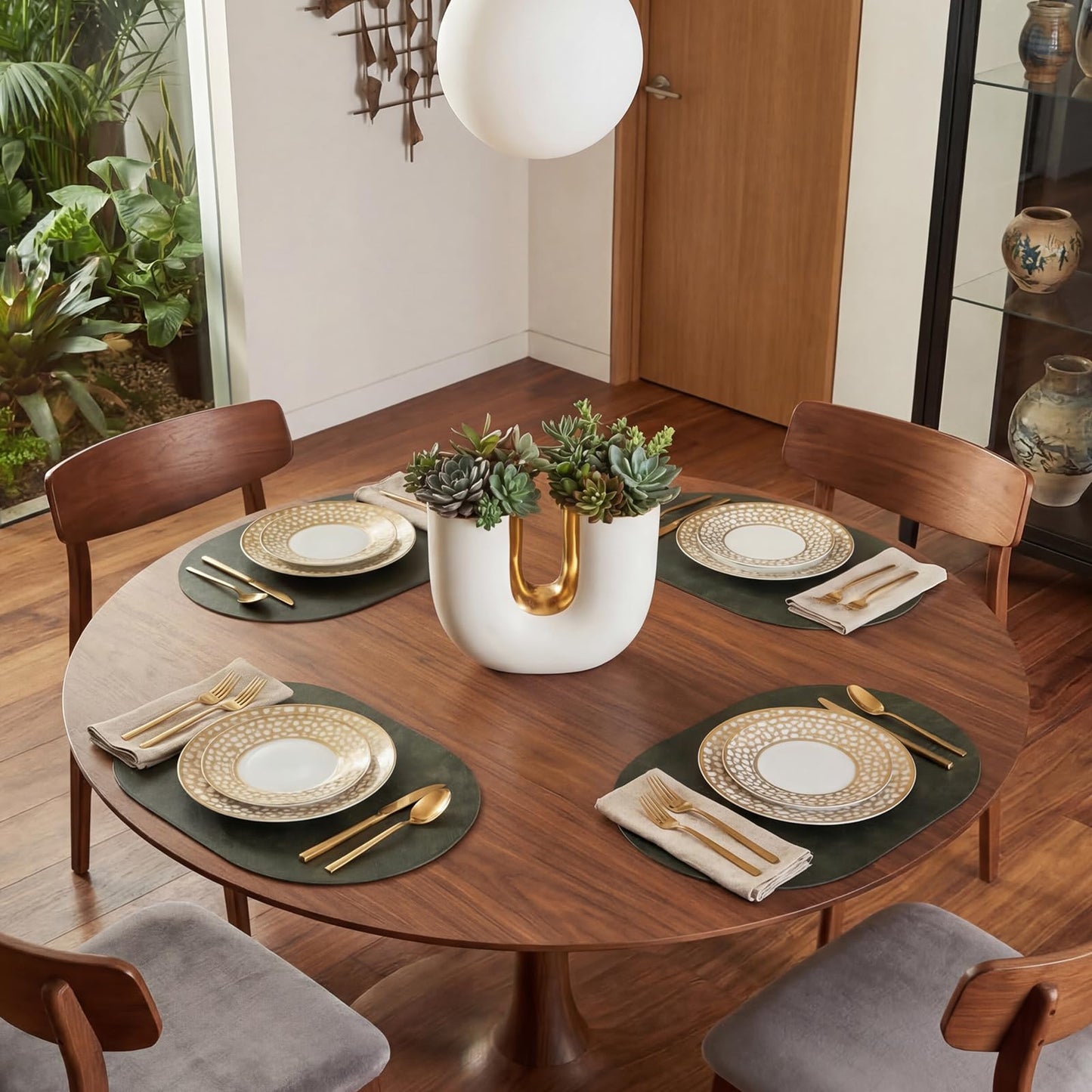 BIPASION Oval Placemats 2mm Ultra Thick Faux Leather Table Mats, Heat Resistant Waterproof Wipeable Dining Mats for Kitchen Table, Set of 6, Olive Green