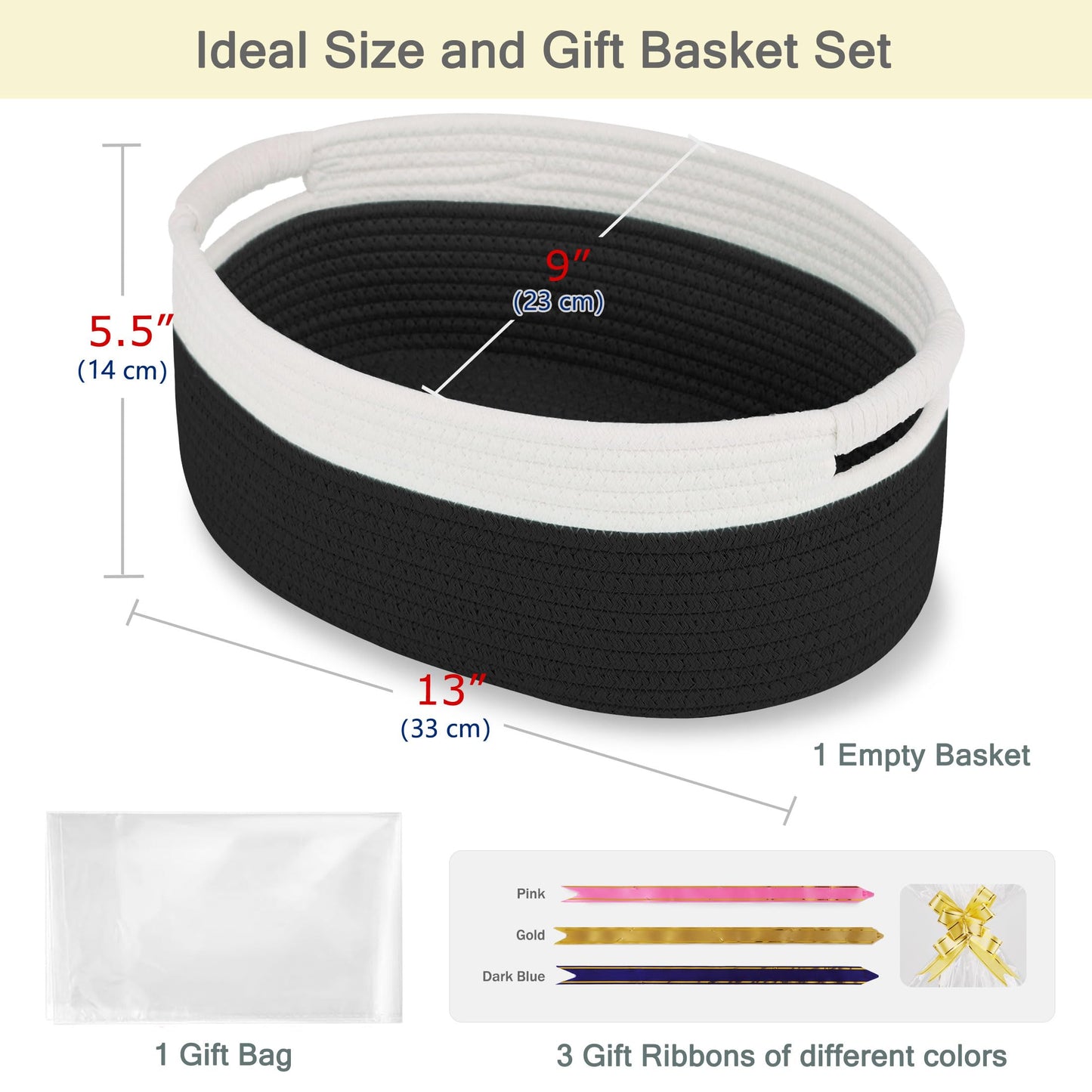 BOSROTY Small Woven Basket with Gift Bags and Ribbons, Empty Baby Gift Baskets for Kids Women Men, Shelf Storage, Small Cat Dog Pet Toy Boxes, 13”x 9”x 5.5”, Black