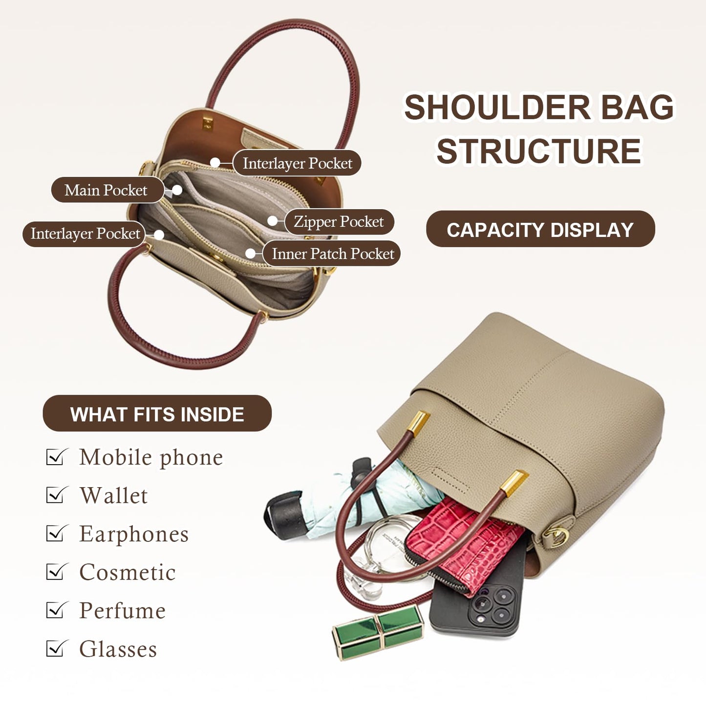 MFFOR Genuine Leather Crossbody Purses and Handbags for Women, Tote Shoulder Purse Bucket Handbag, Top Handle Satchel (Khaki