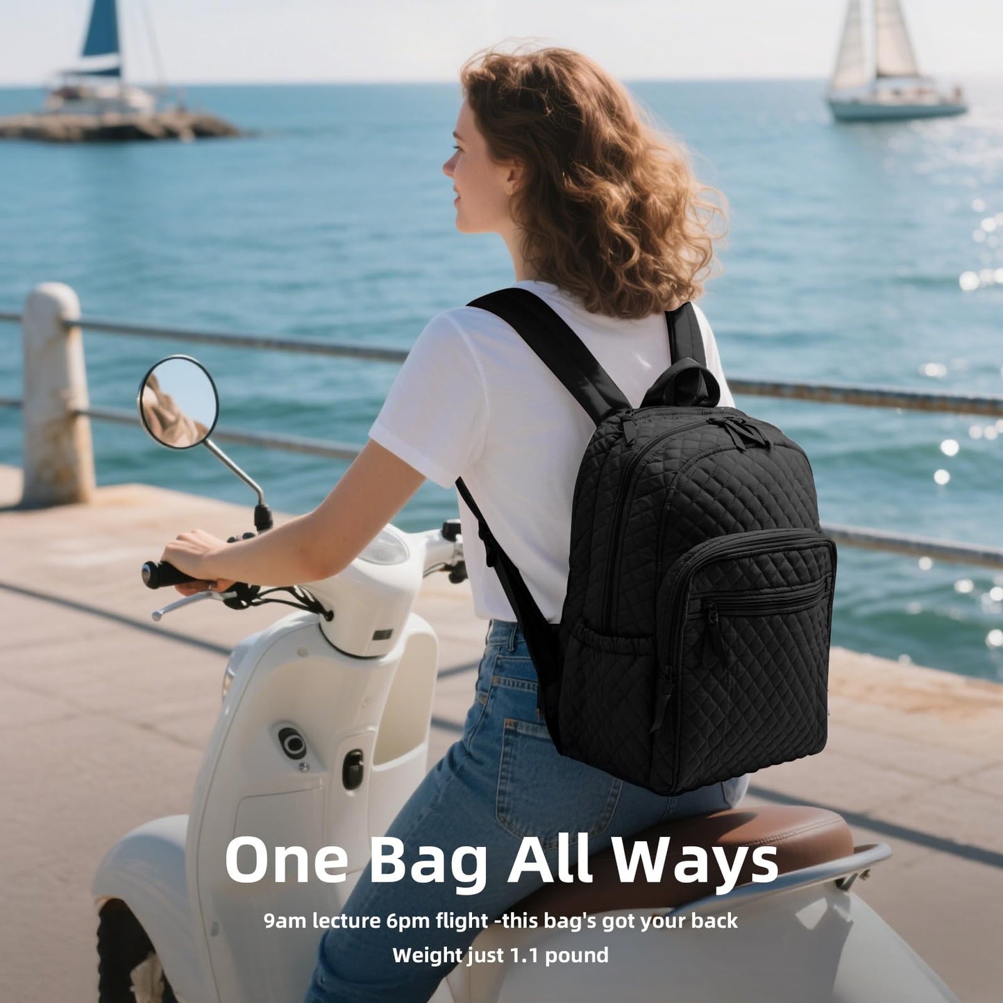 RosaRubus Backpack for Women,College Backpack,Quilted Casual Daypack,Waterproof Bookbag for 15.6Inch Laptop (Black)