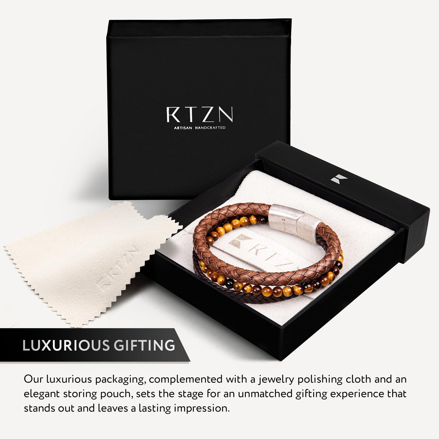 RTZN® Multi Strand Bracelet for Men – Premium Artisan Handcrafted Tiger Eye Bead and Brown Braided Leather Bracelet – Authentic Tigers Eye Stone & Brown Leather Mens Bracelet (Medium)