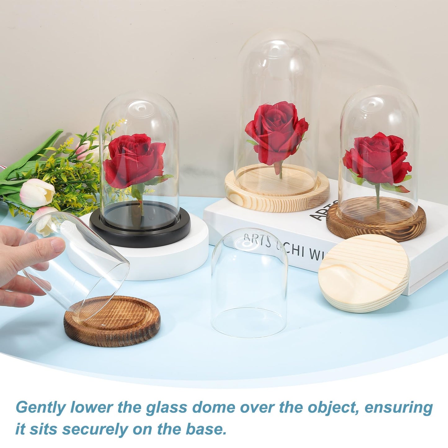 uxcell Glass Cloche Display Dome, 5.1" x 3.9" Glass Dome Display Case, Wood