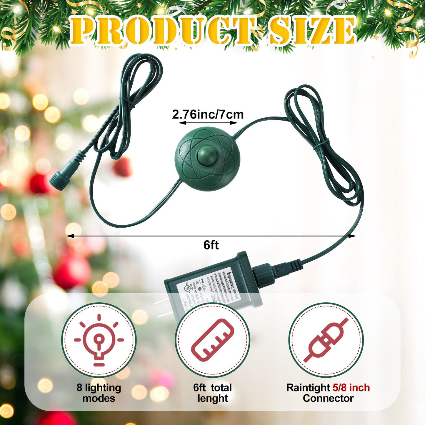 Flutesan 6 ft Power Cord LED Transformer 8 Light Modes for Christmas Light Raintight Foot Switch 5/8 Inch Plug Compatible Replacement Holiday Connector for LED String Holiday