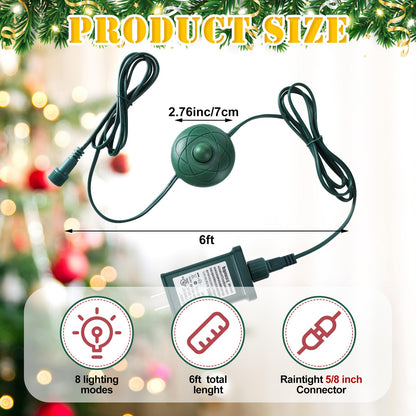 Flutesan 6 ft Power Cord LED Transformer 8 Light Modes for Christmas Light Raintight Foot Switch 5/8 Inch Plug Compatible Replacement Holiday Connector for LED String Holiday