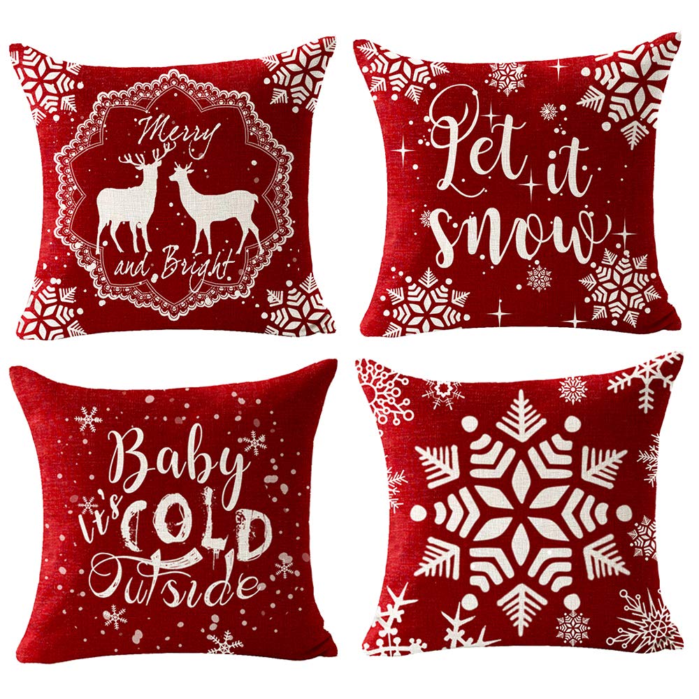 Andreannie Set of 4 Merry Christmas Snowflake Let It Snow Baby It's Cold Outside Red Deer Cotton Linen Decorative Pillow Cover Cushion Case for Sofa Bed Couch Home Decor Square 18 inches