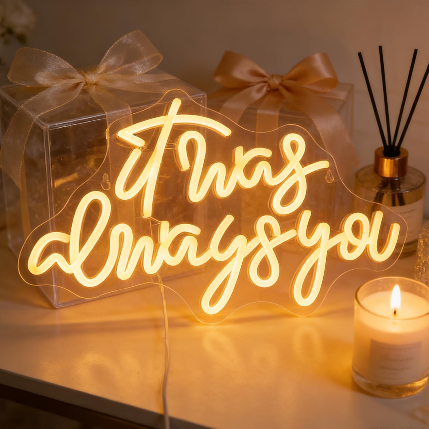 QiaoFei LED It Was Always You Neon Sign with Dimmer Switch Decor for Wedding,Engagement, Birthday Party, Wall Decor for Bedroom Living Room Bar and Gifts for Loved Ones(Warm white)