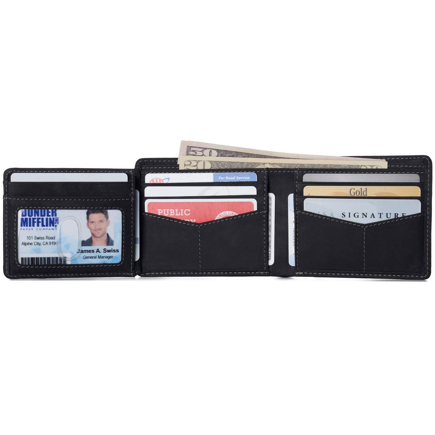 Alpine Swiss Mens Wallet for Men | RFID Protected Leather Mens Wallet | Spencer Bifold with Divided Bill Section | Gift Box | 2 ID Windows | 14 Card & Storage Pockets for Organization Nubuck Black