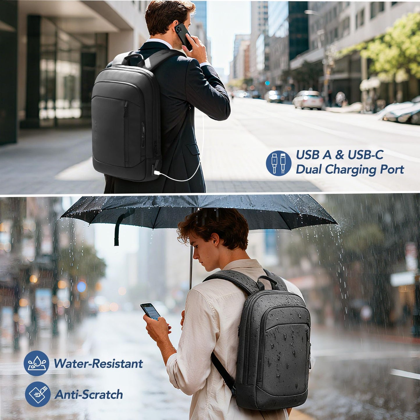 hk Ultra Slim Laptop Backpack for Men, Lightweight Business Backpack for 15.6 Inch Laptop with USB Charging Port, Anti-Theft Water Resistant Computer Bag for Work Travel Office, Black