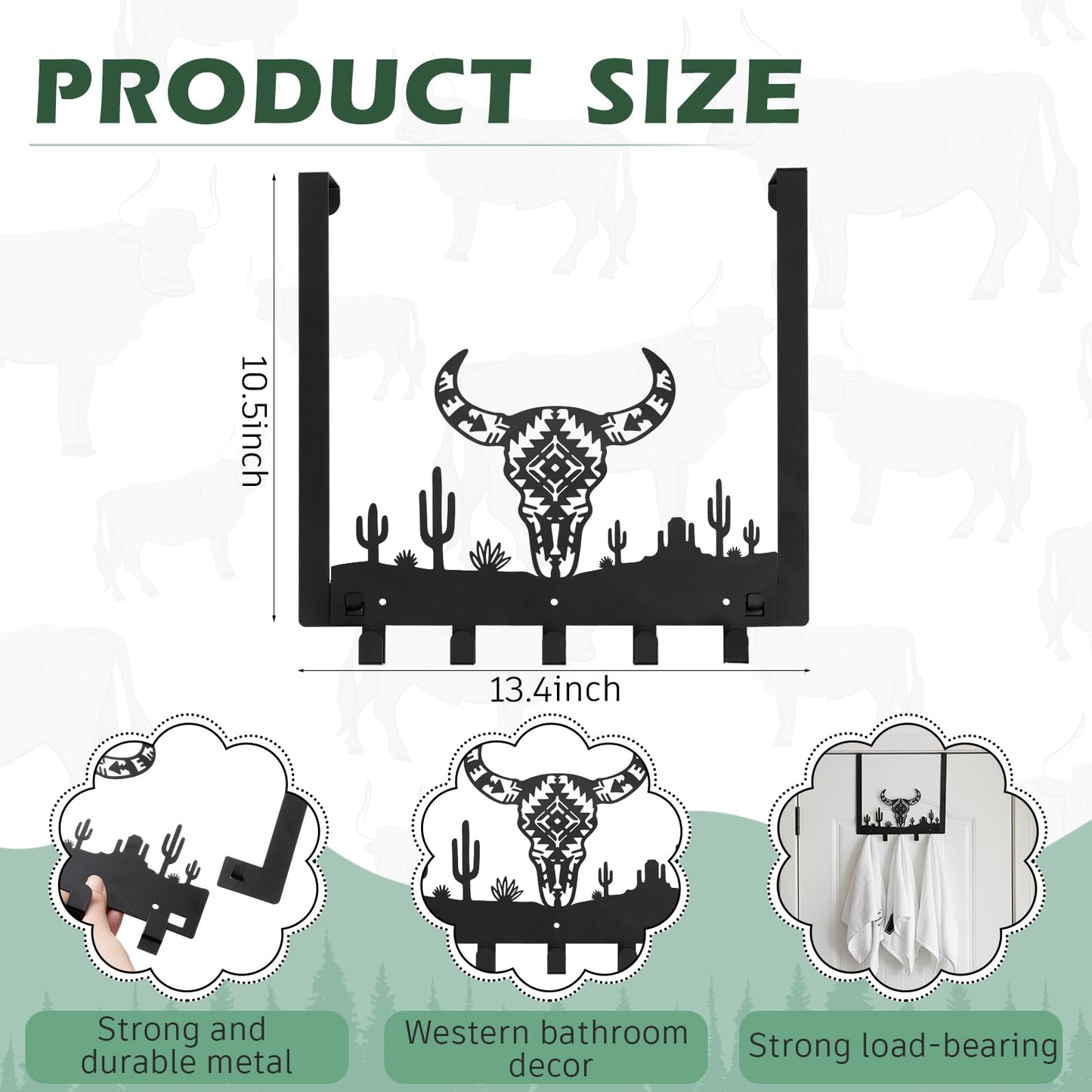 Reallnaive Western Bull Over The Door Hooks Bathroom Decor Wall Hanger Wall Mount Rack Holder for Towel, Hat, Coat, Cloth, Keychain, Bag, Christmas Party Gift