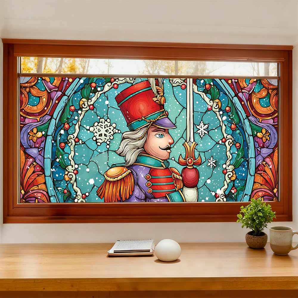 WDESYADMS Window Film 39.4×17.3 Inch PVC Stained Glass Style Winter Holiday Toy Soldier Design Decorative Window Film for Privacy Seasonal Home Window Covering