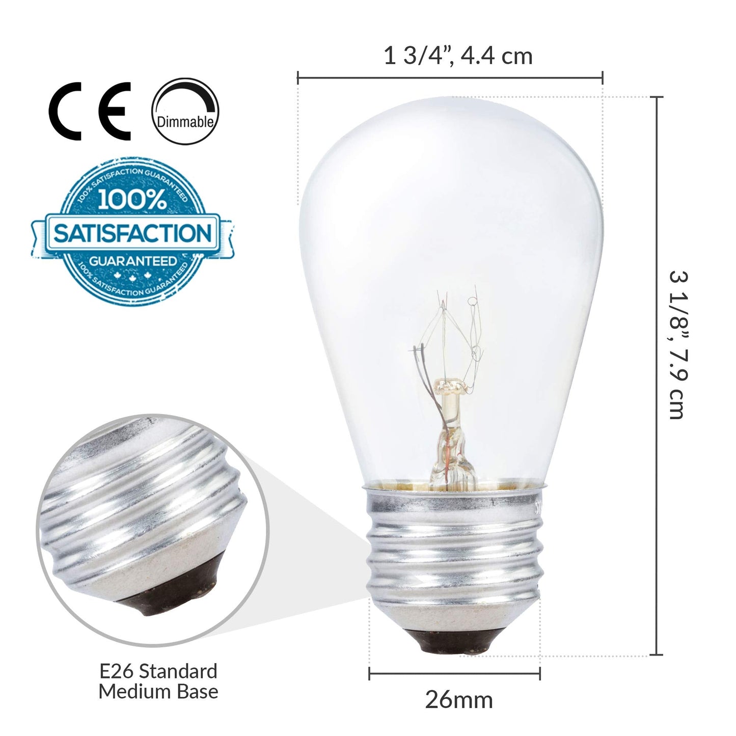 Simba Lighting String Light Outdoor S14 Replacement Bulb 11W E26 Medium Screw Base for Decorating Patio, Café, Pergola, Porch, Clear Glass, 11 Watt 110V 120V, 2700K Warm White, Dimmable, 20 Pack