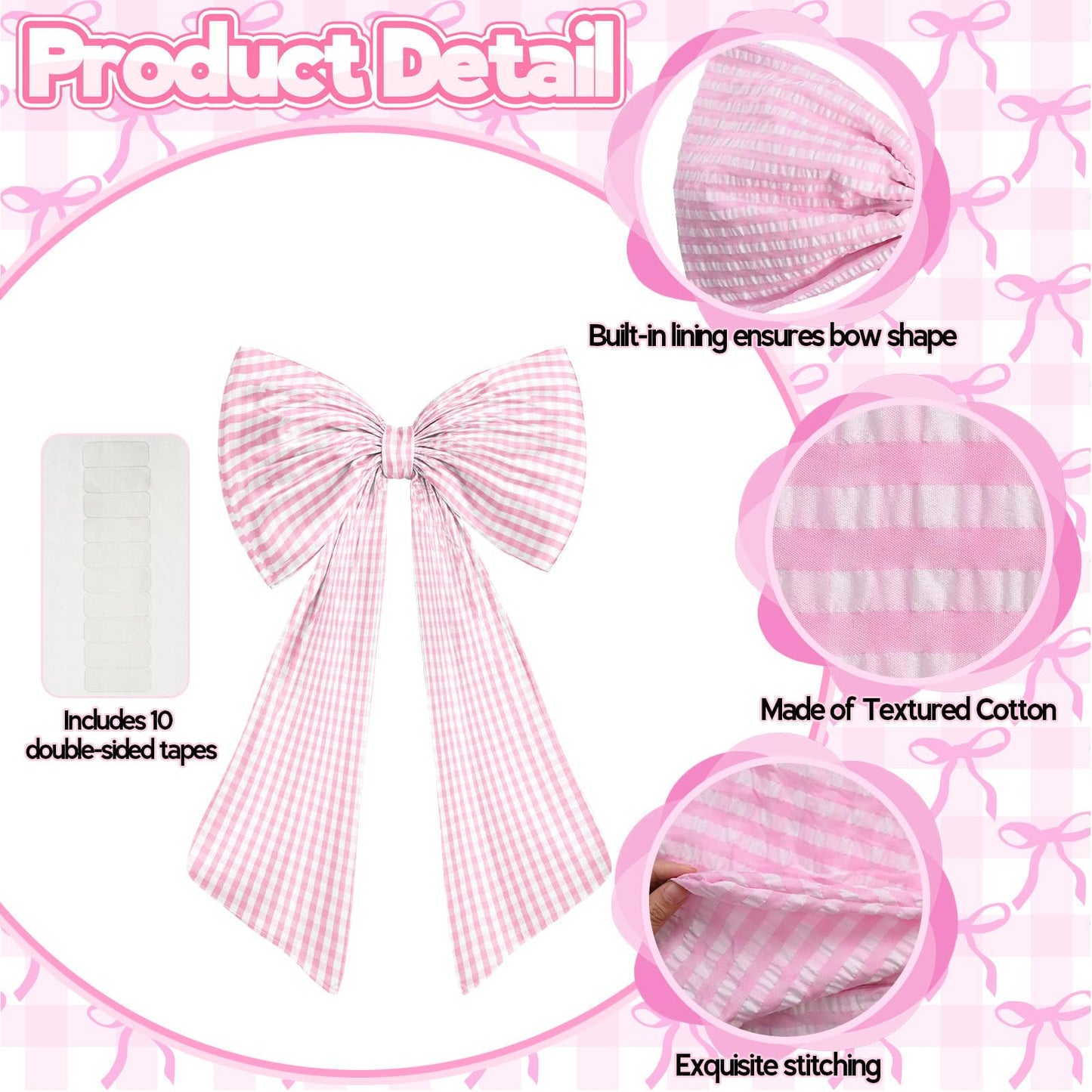 Big Pink Bow Decor Giant Pink White Checkered Coquette Bow for Birthday Party Decorations for Girls, Large Ribbon Tie Hanging Gift Coquette Wall Decor (Textured Cotton, Internal Stability Layer)
