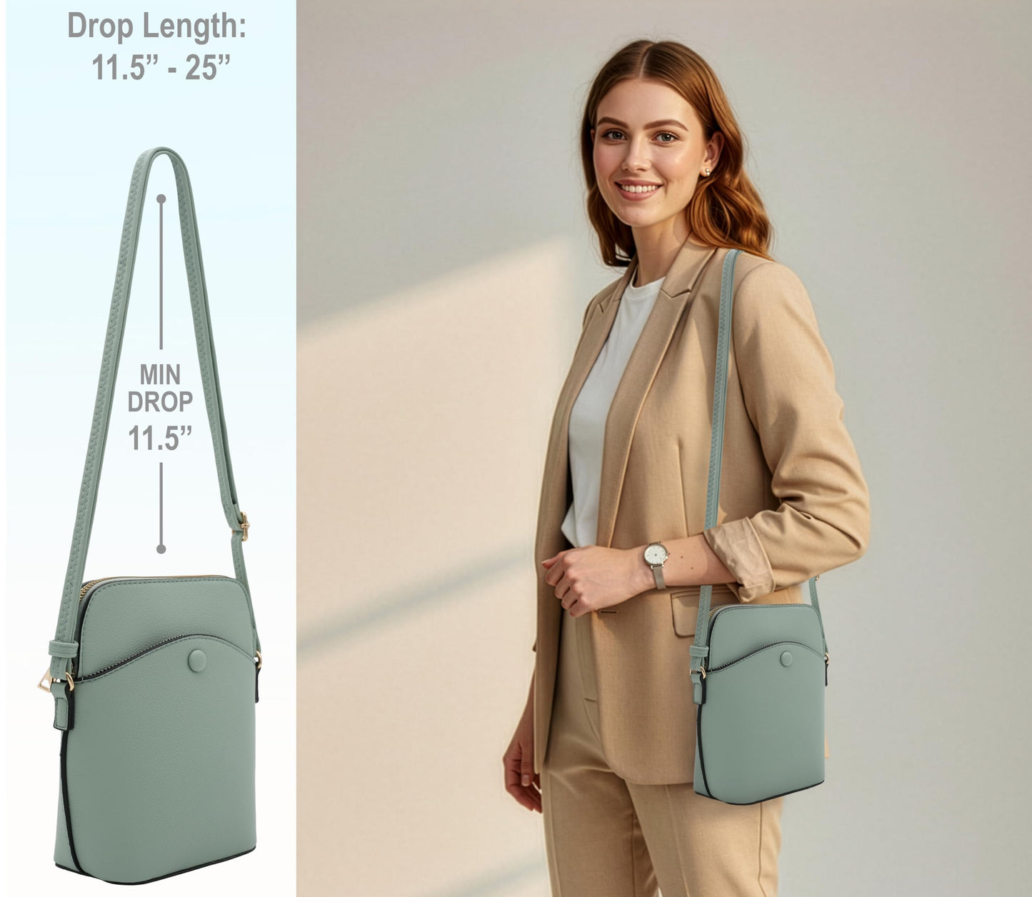 Solene Small Crossbody Bag with Gold Hardware, Mini Shoulder Purse with Adjustable Strap LC150A (Mint)