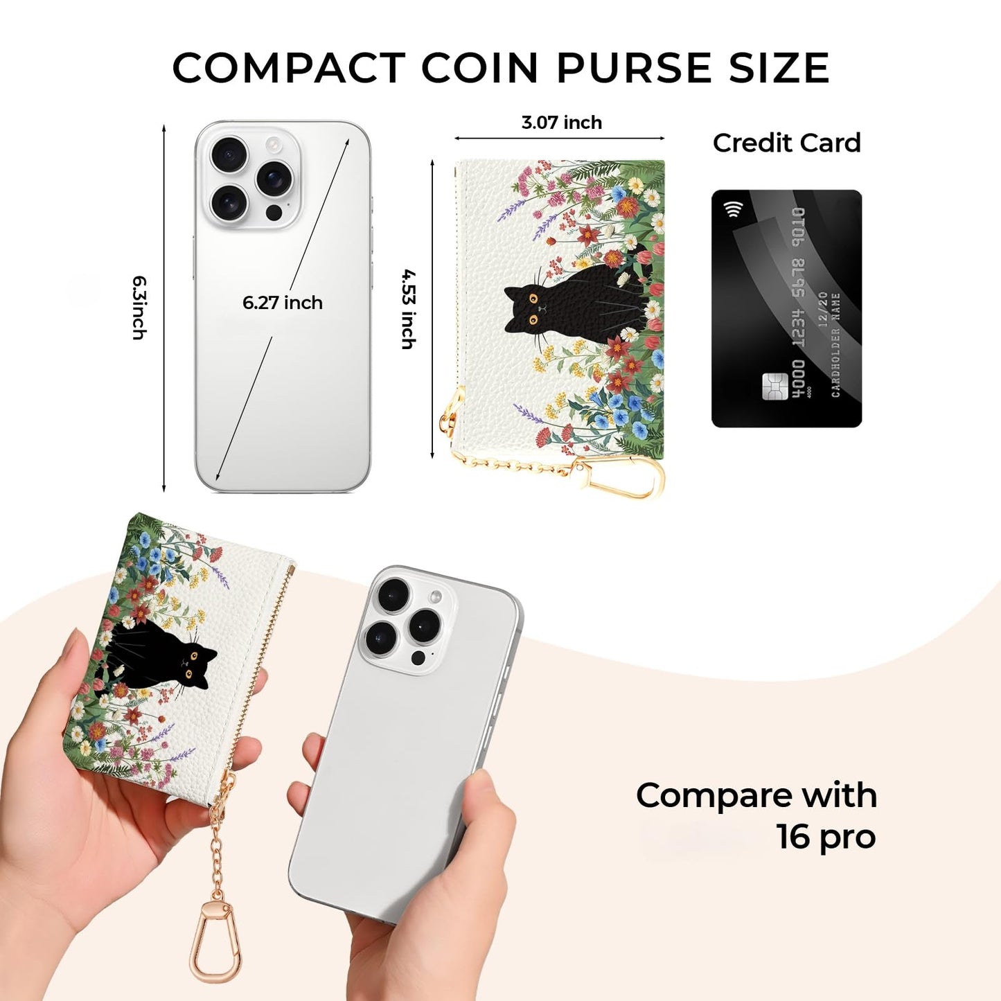 Sukyerios Black Cat Flower Floral Keychain Coin Purse for Women, Small PU Leather Change Pouch, Zipper Little Tiny Travel Wallet for Girls, Cute Kawaii Zip Pocket Coin Holder with Key Ring