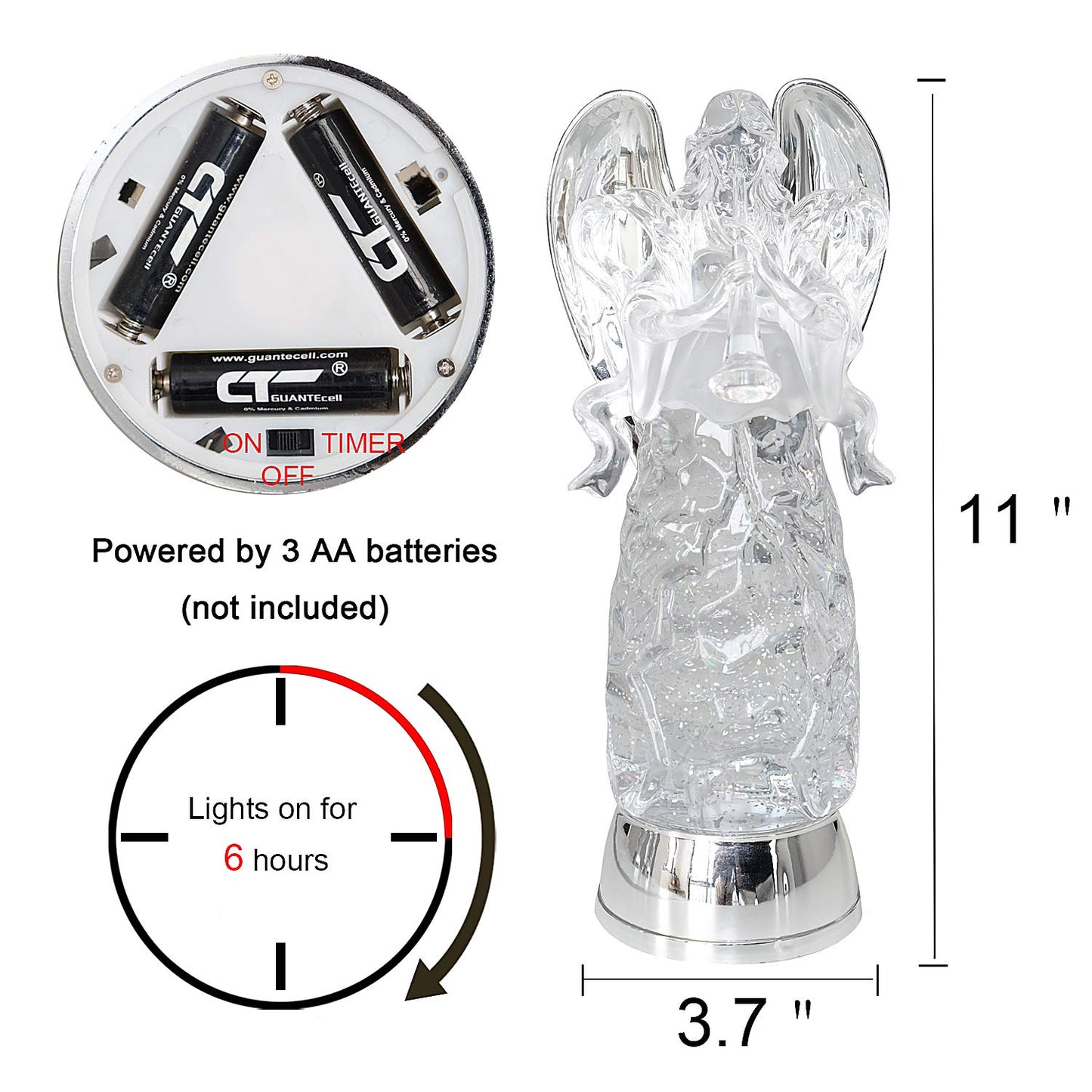 DRomance 11" Angel Snow Globe Lantern Battery Operated with 6 Hour Timer Color Changing LED Light Trumpet Angel Swirling Glitter Water Lamp Thanksgiving Christmas Holiday Decor Gift