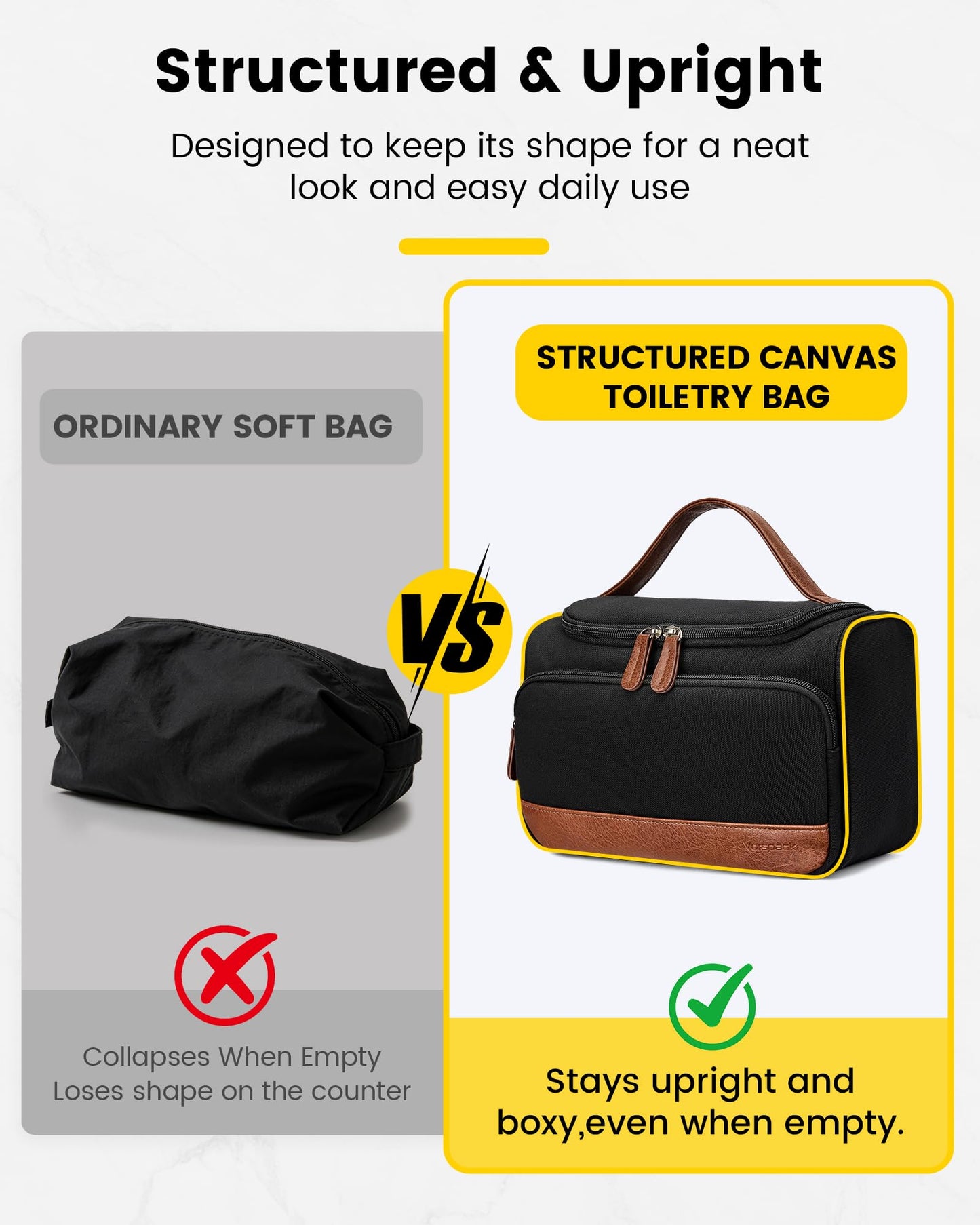Vorspack Structured Canvas Toiletry Bag for Men, Upright Travel Bag with Wet Pocket, Wide Opening Bathroom Organizer for Shaving, Grooming, Skincare, Travel Essentials, Medium-Black