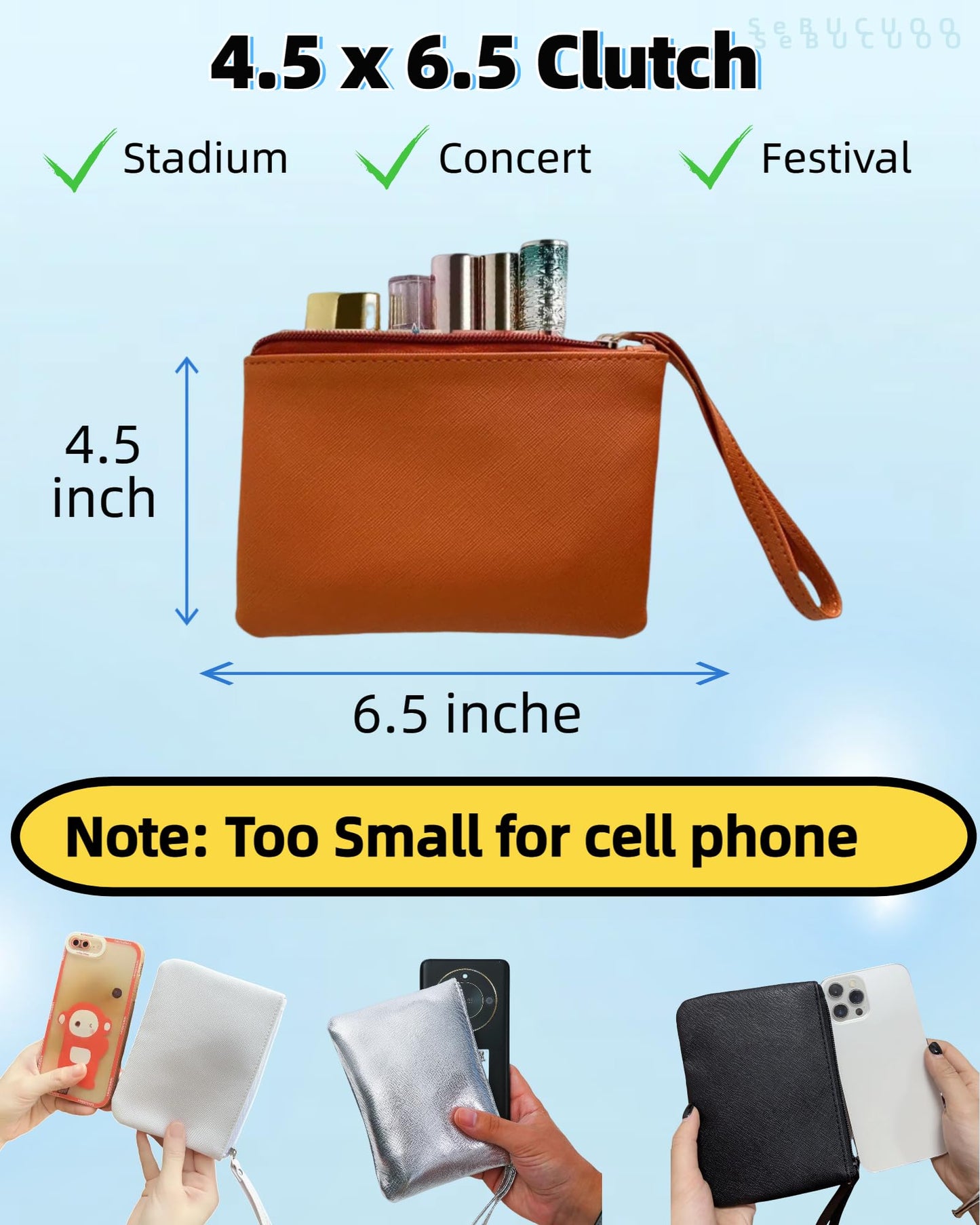 4.5 x 6.5 Clutch Stadium Approved, Leather Coin Purse for Women Wristlet Money Pouches for Cash Car Change with Zipper Lipstick Holder, Extra Small Makeup Bag for Purse Organizer Insert, Brown