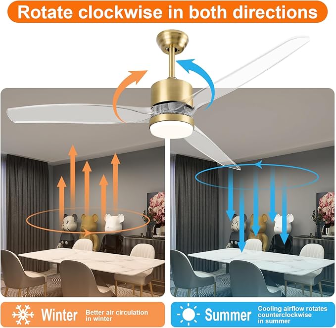 OKELI 52" Smart Ceiling Fan with Light, WiFi Enabled for Alexa & App Control, Reversible Gold Modern Ceiling Fan with Dimmable LED Light and Remote, Clear Blades for Living Room Bedroom