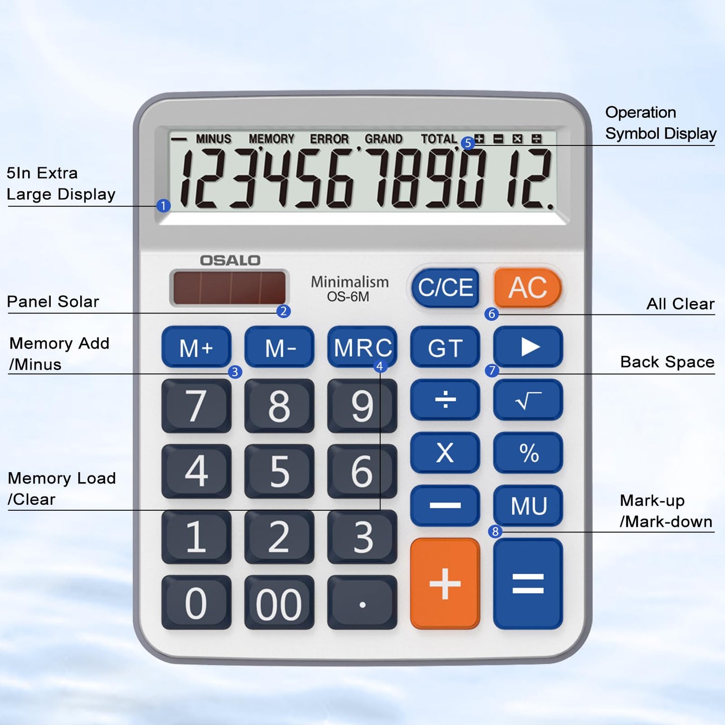 Desktop Calculator Large LCD Display 12 Digit Number Handheld Portable Pocket Basic Calculator with Big Soft Sensitive Button, Battery and Solar Powered, for Office Home School Use(OS-6M)