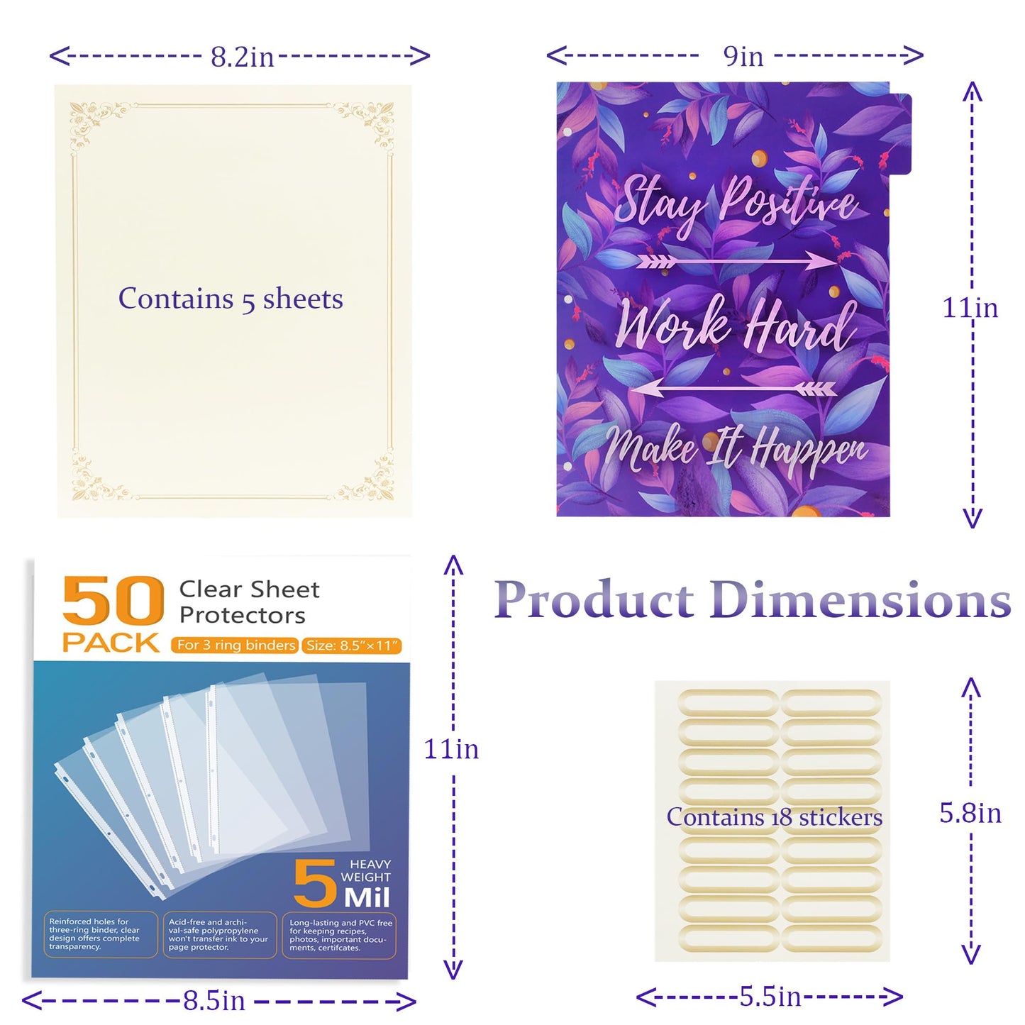 3 Ring Binder with Clipboard with 50 Sheet Protectors 8.5 x 11 inch, 2 Pockets Purple 3 Ring Binder (11" x 8.5") Folders with Tab Dividers for Women School Office Supplies Portfolio (Purple)