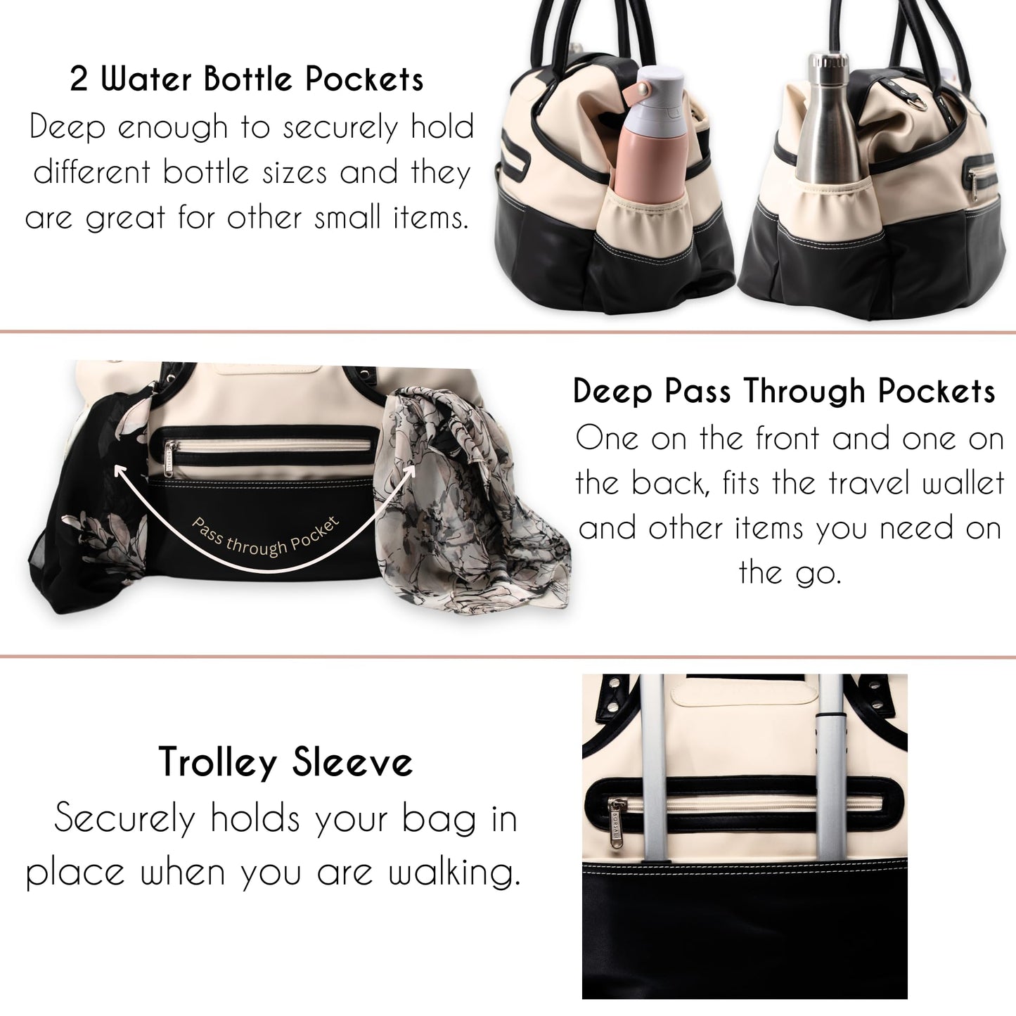 Borsali Weekender Bag for Women - Travel Carry On Duffel -Vegan Leather with Travel Wallet, Packing Cubes & Shoe Covers (Cream)