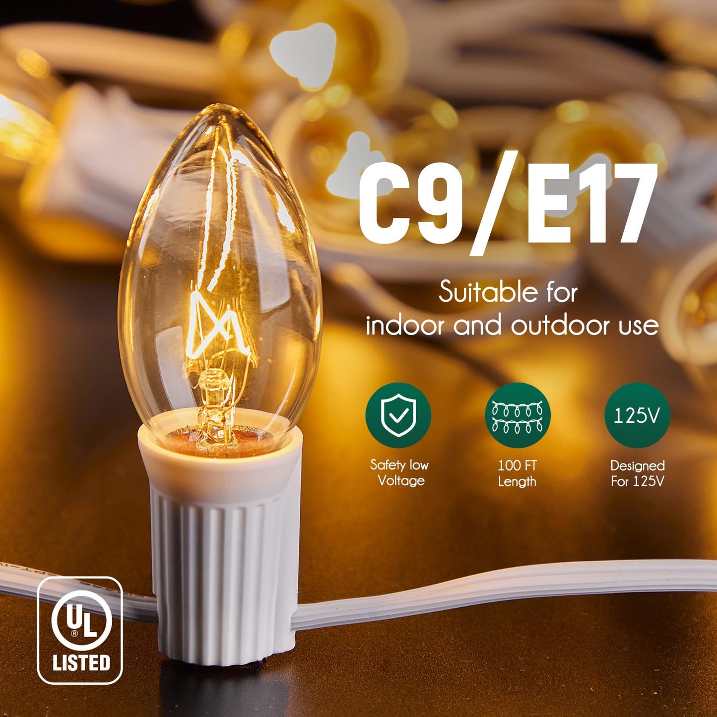 Brightown C9 Light Strand 100 FT for E17-12 Spacing, Outdoor String Light Christmas Stringer with 100 Sockets for Patio (White)