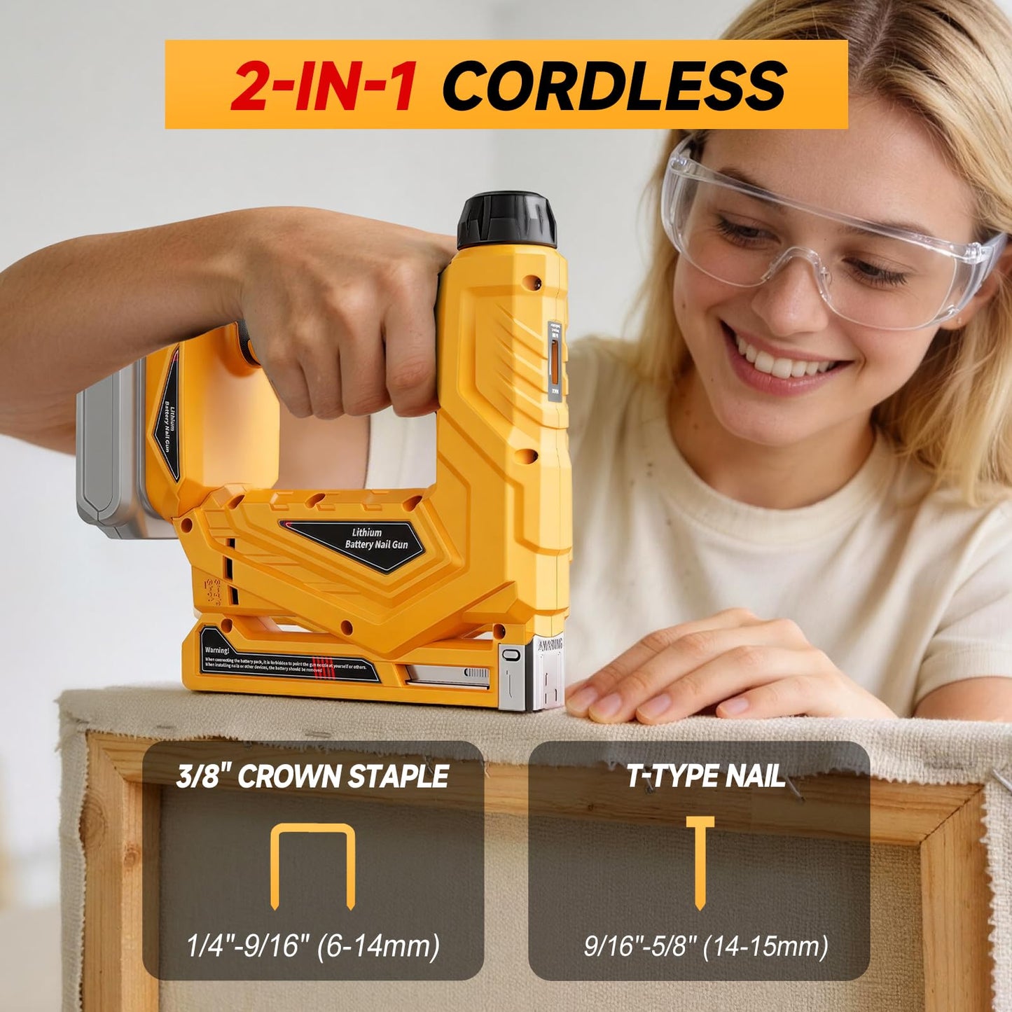 Cordless Nail Gun for Dewalt 20V Battery (No Battery), 2-IN-1 Electric 18GA Brad Nailer & T50 Crown Stapler, Battery Powered Staple Gun with 1000 Staples and 1000 Nails for Woodworking & Family DIY