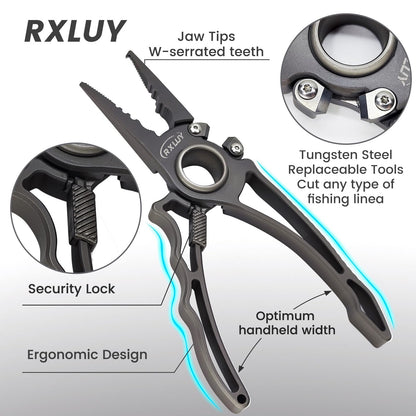RXLUY Titanium Fishing Pliers, Premium Saltwater Fishing Gear, Tungsten Cutters, Split Ring Hook Remover, Fish Plier Holster with Retractable Lanyard, Ice Sea Fishing Kit Gifts for Men (with Lock)