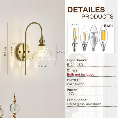 Vintage Wall Sconces with Clear Flower Glass Lampshade, Indoor Bath-Room Wall Sconce, Modern Gold Industrial Lighting Fixture for Mirror Living Room Hallway 1 Pack