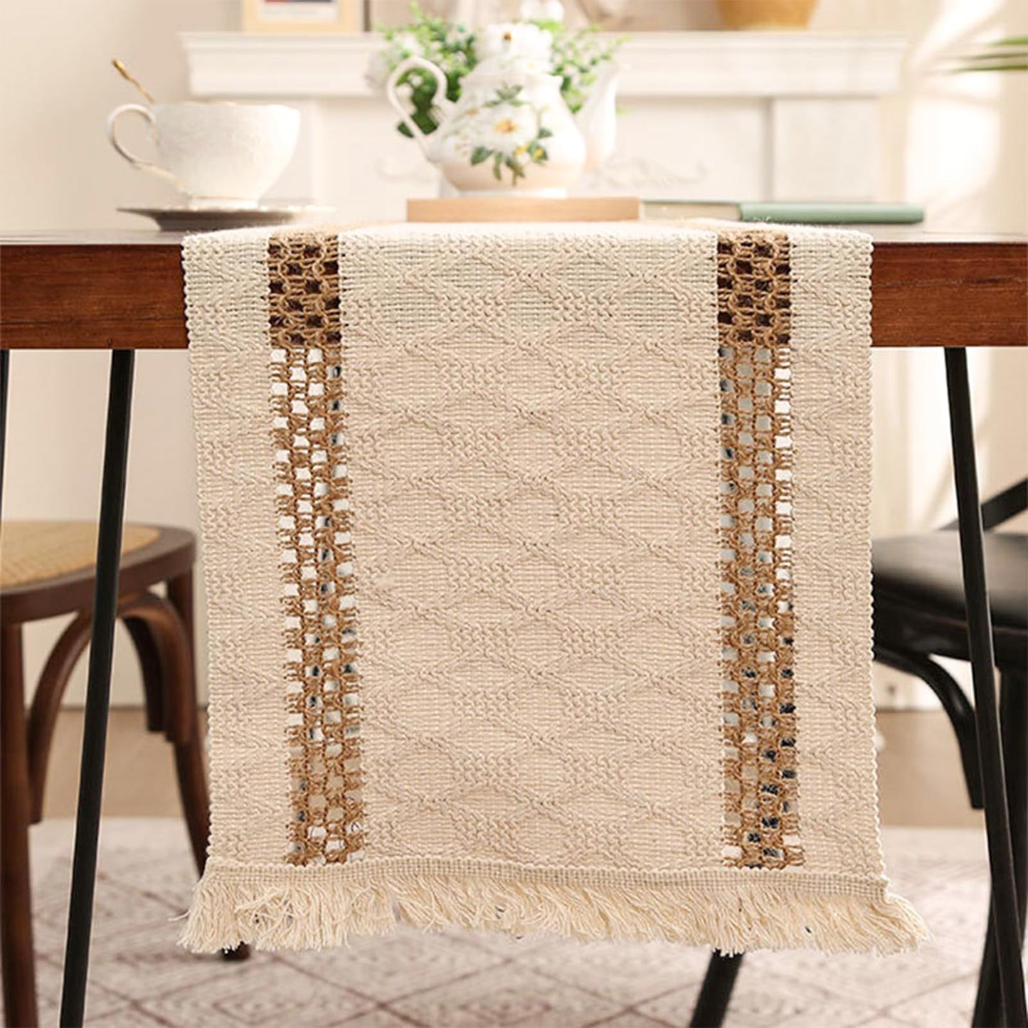 Niviy Boho Table Runner 108 Inches Long Summer Farmhouse Macrame Table Runner Cotton Linen Woven Table Runners for Fall Dining Table Home Decor, Beige & Brown